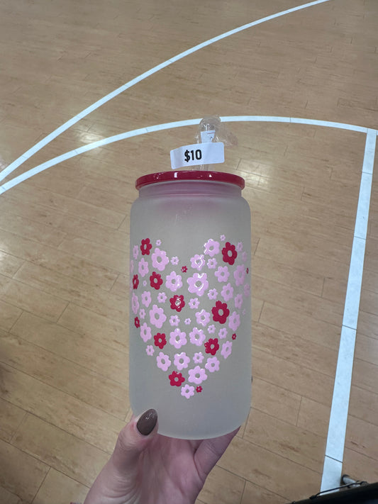 Pink/Red Floral Hearts Glass Cup -16oz with lid + straw! UV DECAL