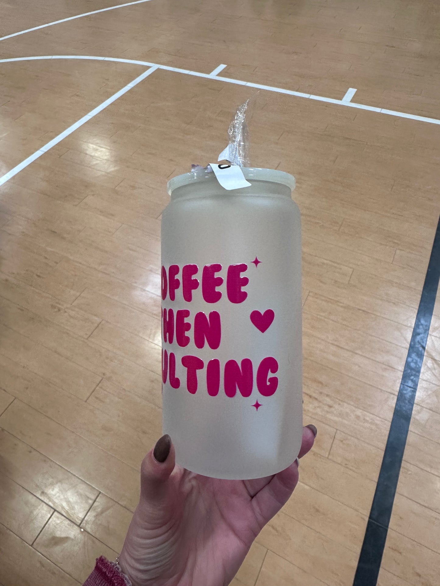 Coffee then Adulting Glass Cup -16oz with lid + straw! UV DECAL