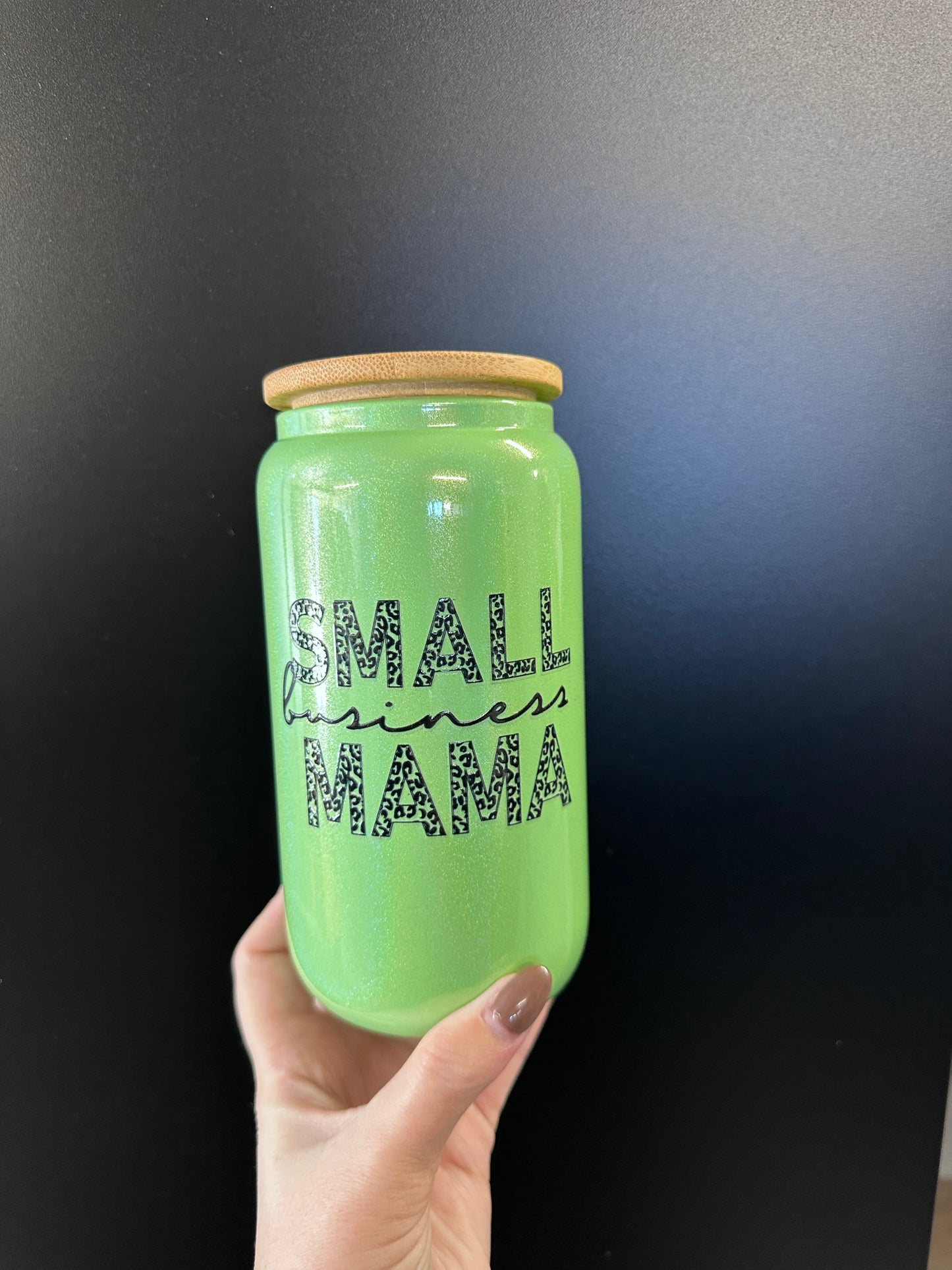 Green Small Business Mama -16oz with lid + straw! UV DECAL