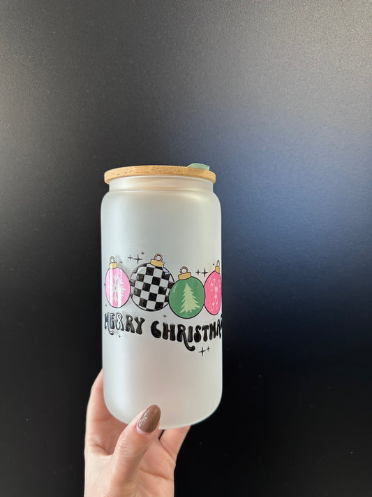 Merry Christmas Bulbs  - Frosted 16oz Glass Cup UV VINYL
