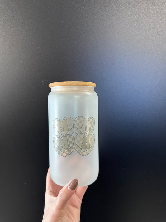 Mama Valentines Hearts Frosted 16oz with lid + straw! Sublimation