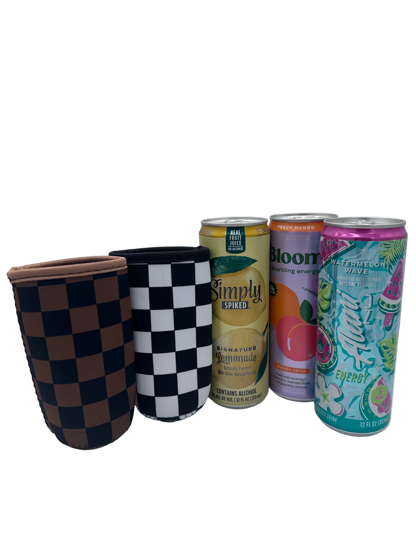 12oz Slim Can Sleeves Sweat Proof Checkered   - Fits Energy Drink, Beer + More