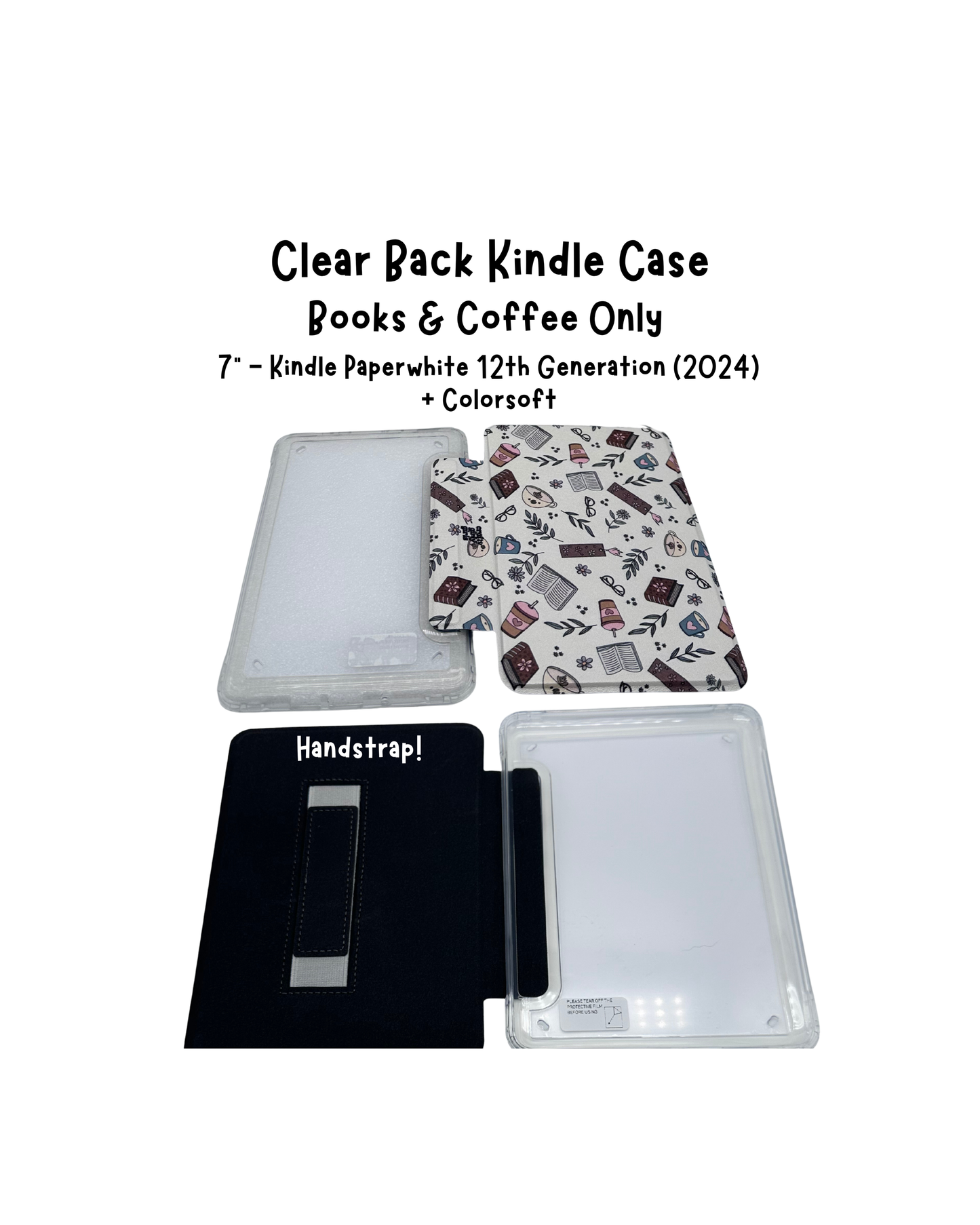 Kindle Case 7" - Paperwhite 12th Gen 2024 + Colorsoft Clear Back - Books & Coffee Design